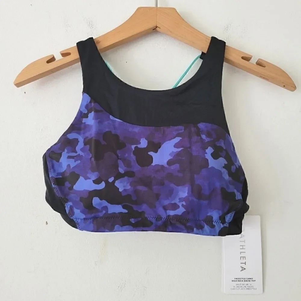 Athleta Freestyle Camo High Neck Bikini Top Blue/Black New With Tags Small